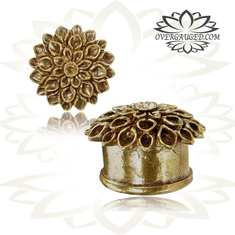 Pair Flower Brass Plugs, Tribal Brass Tunnels, Brass Ear Gauges, Double Flared Plugs, Brass Body Jewelry.