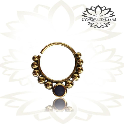 Single Ornate Brass Septum Ring in 16g,  Antiqued Tribal Brass Septum Ring, Onyx Stone Nose Piercing, Brass Body Jewelry, Ring 9mm.