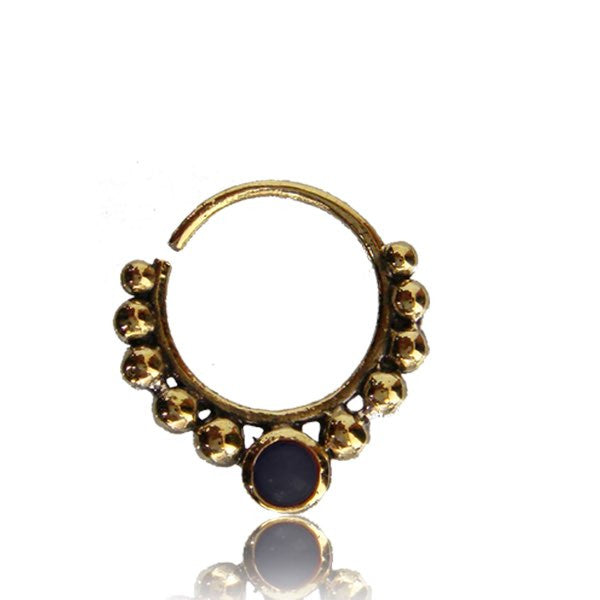 Single Ornate Brass Septum Ring in 16g, Antiqued Tribal Brass Septum Ring, Onyx Stone Nose Piercing, Brass Body Jewelry, Ring 9mm.