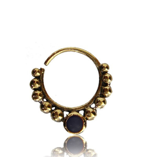 Single Ornate Brass Septum Ring in 16g,  Antiqued Tribal Brass Septum Ring, Onyx Stone Nose Piercing, Brass Body Jewelry, Ring 9mm.