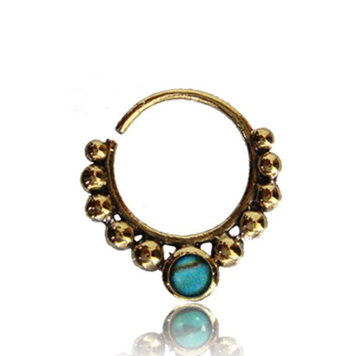 Single Ornate Brass Septum Ring in 16g, Antiqued Tribal Septum Ring with Turquoise Stone, Tribal Nose Piercing, Brass Septum, Ring Diameter 9mm.