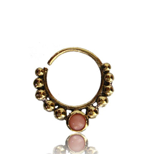 Ornate 16g  Brass Septum Ring, Antiqued Tribal Brass Septum with Pink Agate Stone, Brass Nose Piercing, Tribal Brass Jewelry, Ring 9mm.