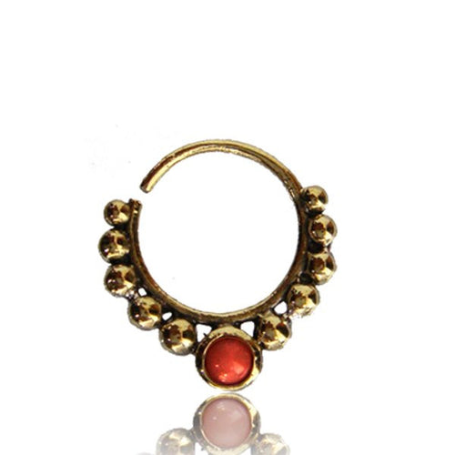 Single Ornate 16g Brass Septum Ring, Tribal Brass Septum with Inlay Red Agate Stone, Septum Nose Piercing, Ring Diameter 9mm.