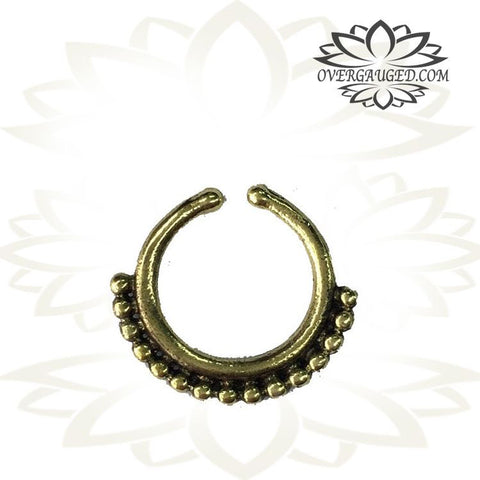 Single Brass Fake Septum Nose Ring, Antiqued Tribal With Pink Agate Stone, Non-Nose Piercing, Ring Diameter 9mm.