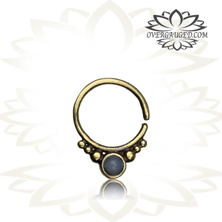 Single Ornate Brass Septum Ring in 16g (1.2mm), Afghan Tribal Brass Septum with Inlayed Moon Stone, Septum Ring, Ring Diameter 9mm.