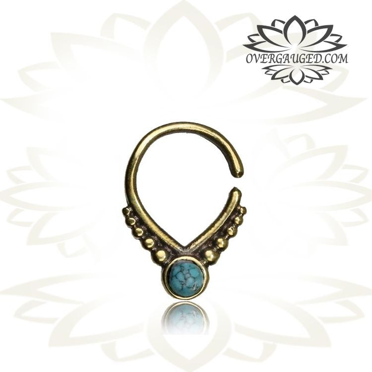 Single Ornate Brass Septum Ring, Antiqued 16g Tribal Septum Ring with Turquoise Stone, Brass Nose Piercing, Tribal Brass Jewelry,Ring Diameter 9mm.