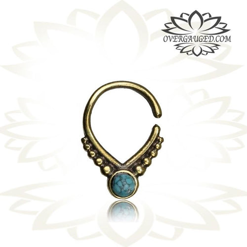 Single Ornate Brass Septum Ring, Antiqued 16g Tribal Septum Ring with Turquoise Stone, Brass Nose Piercing, Tribal Brass Jewelry,Ring Diameter 9mm.