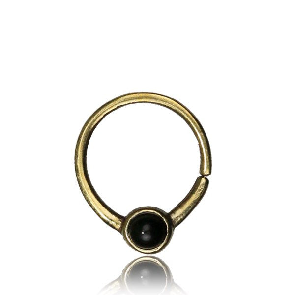 Brass Septum Ring, Single Tribal Afghan Brass Septum Ring with Inlay Black Onyx Stone, Brass Nose Piercing, Tribal Body Jewelry, Ring Diameter 9mm.