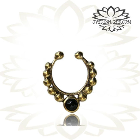 Single Brass Fake Septum Nose Ring, Antiqued Tribal With Pink Agate Stone, Non-Nose Piercing, Ring Diameter 9mm.
