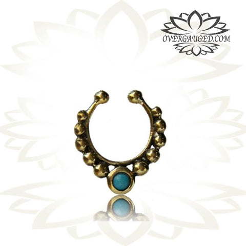 Single Brass Fake Septum Nose Ring, Antiqued Tribal With Pink Agate Stone, Non-Nose Piercing, Ring Diameter 9mm.