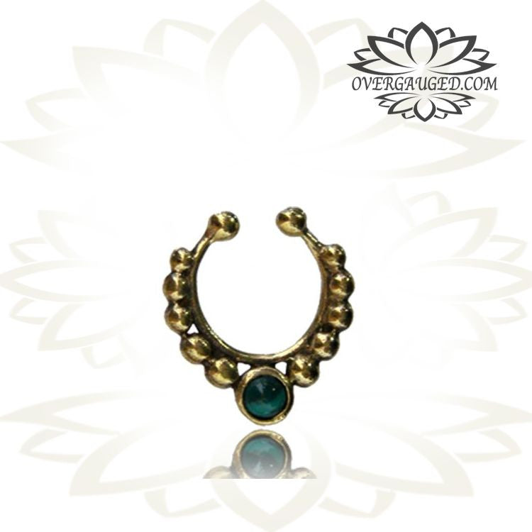 Single Ornate 16g Fake Brass Septum Ring, Antiqued Tribal Fake Brass Septum with Inlay Malachite Stone, Non Piercing Ring, Diameter 9mm.