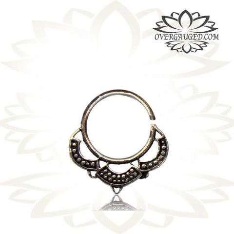 Single Ornate White Brass Septum Ring in 16g (1.2mm) Antiqued Tribal White Brass Septum Ring with Inlayed Mother of Pearl Shell.