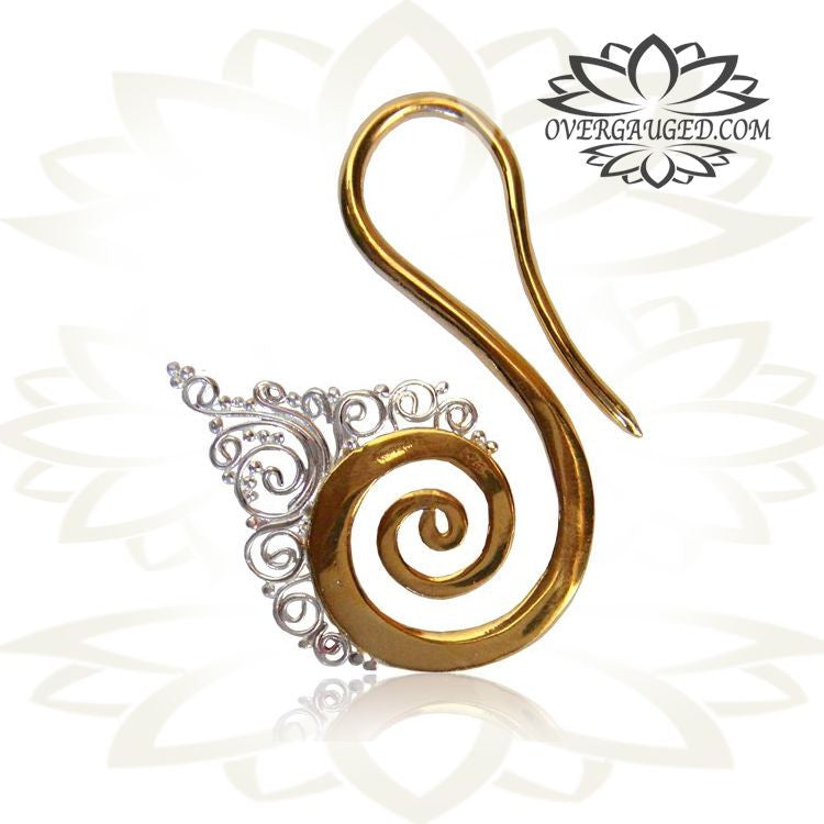 Pair 12g (2mm) Brass Earrings Tribal Spirals Brass with Silver Plating Accent Earrings, Brass Body Jewelry.