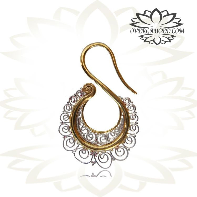 Pair 12g (2mm) Ornate Brass Earrings Silver Plated Tribal Spirals Accents on Tribal Brass Earrings, Tribal Body Jewelry.