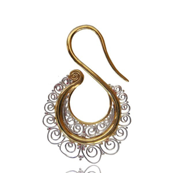 Pair 12g (2mm) Ornate Brass Earrings Silver Plated Tribal Spirals Accents on Tribal Brass Earrings, Tribal Body Jewelry.