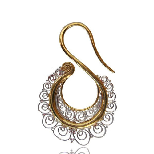 Pair 12g (2mm) Ornate Brass Earrings Silver Plated Tribal Spirals Accents on Tribal Brass Earrings, Tribal Body Jewelry.