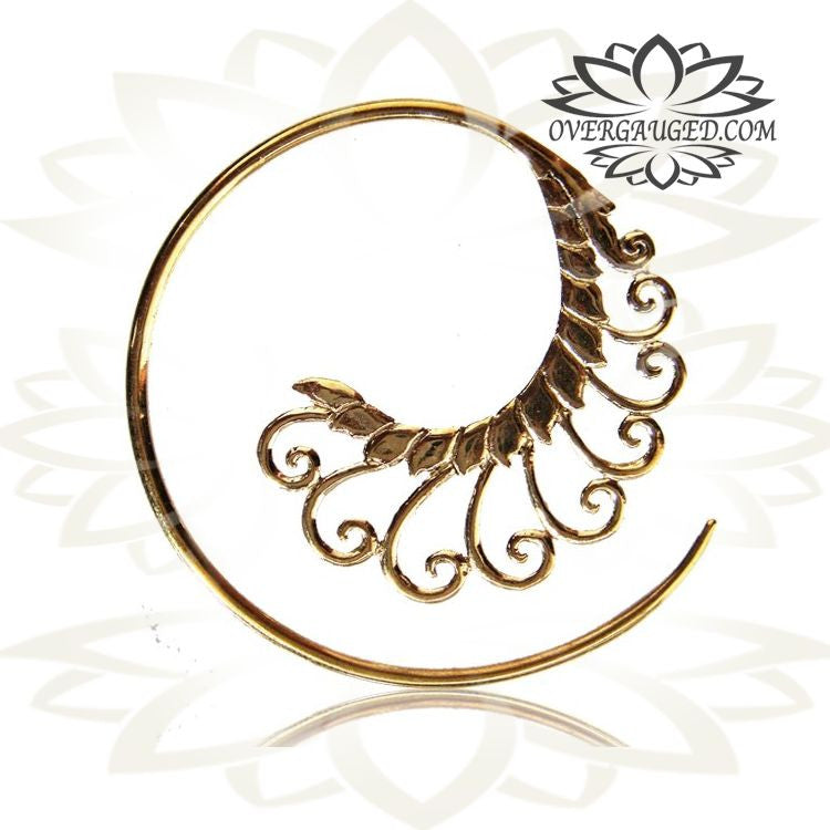 Pair of Ornate Brass Spirals Antiqued Tribal Hoops Brass Earrings Large Diameter.