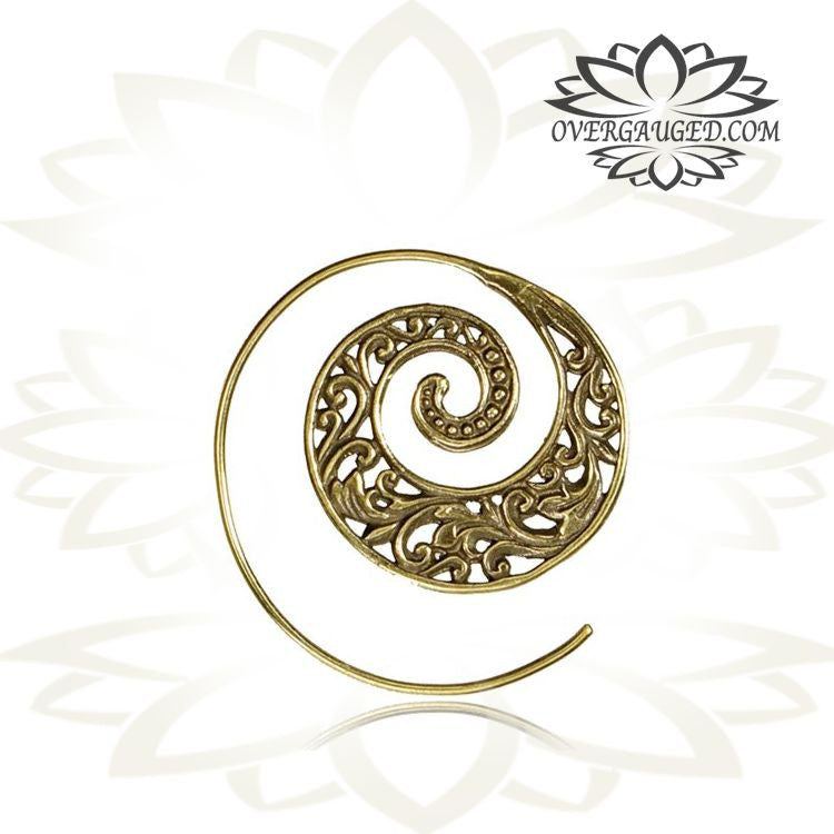 Pair of Ornate Brass Earrings Floral Antiqued Tribal Hoops Brass Spiral Earrings.
