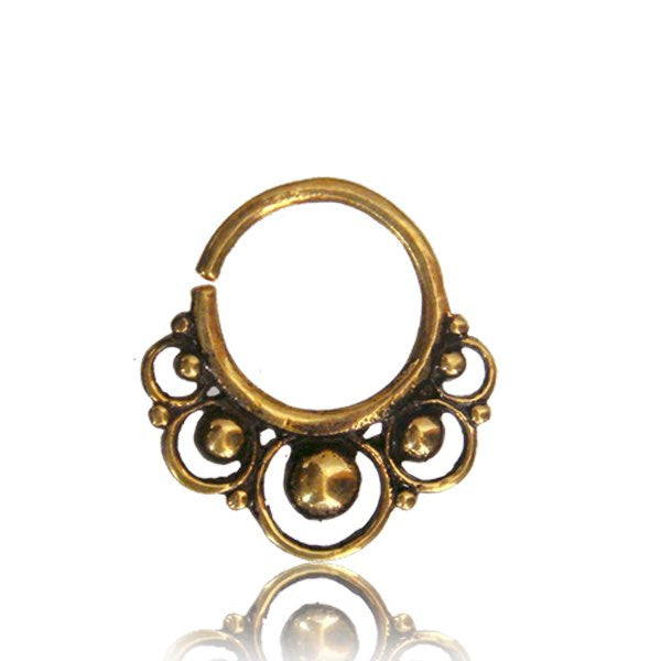 Single Ornate Brass Septum Ring, Brass Nose Piercing, Tribal Brass Jewelry, Ring diameter 9mm.