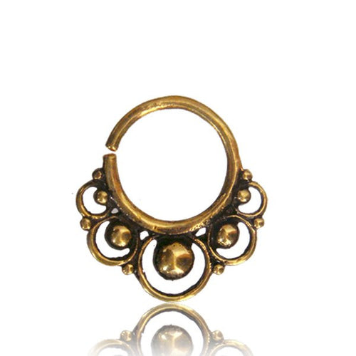 Single Ornate Brass Septum Ring, Brass Nose Piercing, Tribal Brass Jewelry, Ring diameter 9mm.