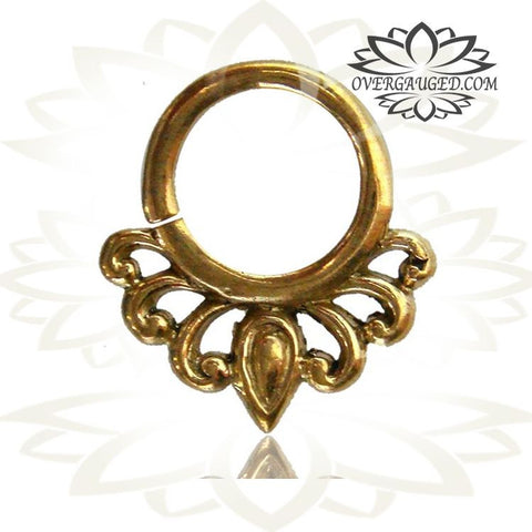 Single Silver Lotus Septum Ring (Fake Style) Antiqued Cheater Tribal Silver Lotus Septum Ring, Tribal Body Jewelry.