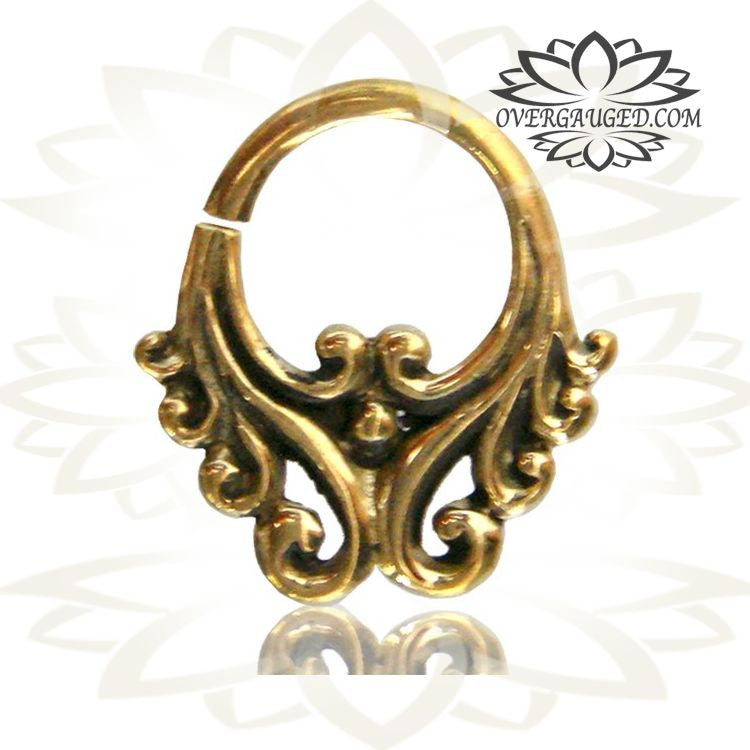 Single Ornate Brass Septum Ring, Lotus Flower inspired Septum Ring, Ring Diameter 9mm.