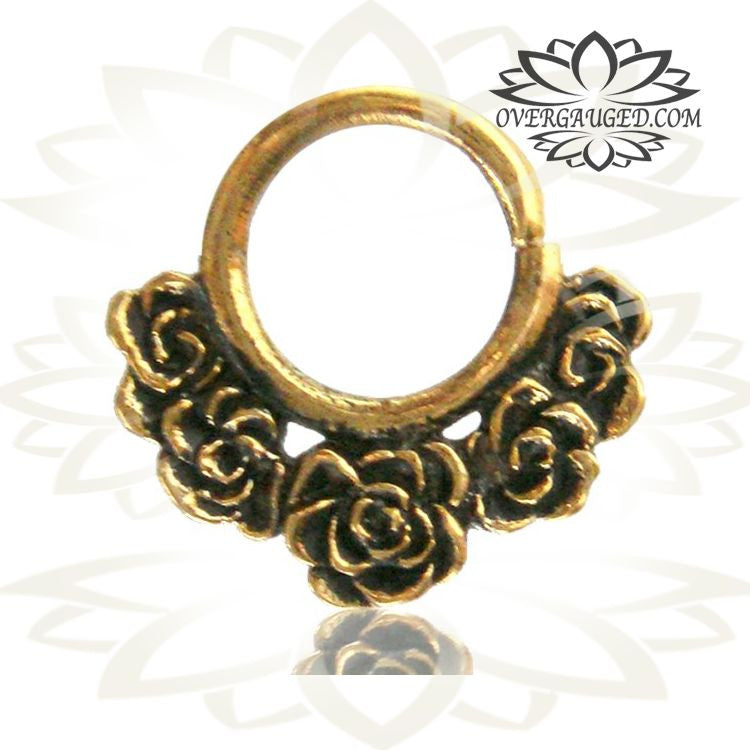 Single Ornate Five Rose Brass Septum Ring, Brass Nose Septum, Tribal Brass Septum Ring, Tribal Body Jewelry, Ring Diameter 9mm.