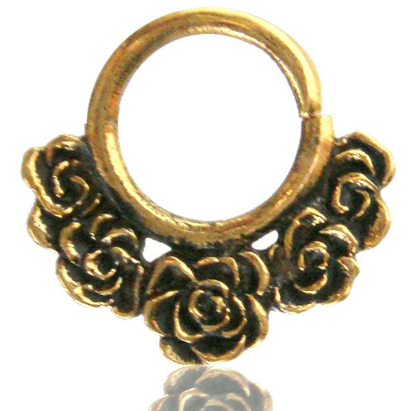 Single Ornate Five Rose Brass Septum Ring, Brass Nose Septum, Tribal Brass Septum Ring, Tribal Body Jewelry, Ring Diameter 9mm.