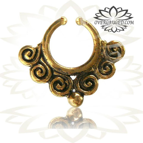 Single Brass Fake Septum Nose Ring, Antiqued Tribal With Pink Agate Stone, Non-Nose Piercing, Ring Diameter 9mm.
