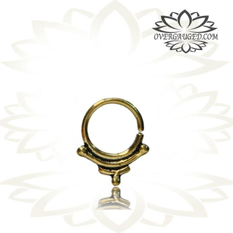Single Brass Fake Septum Nose Ring, Antiqued Tribal With Pink Agate Stone, Non-Nose Piercing, Ring Diameter 9mm.