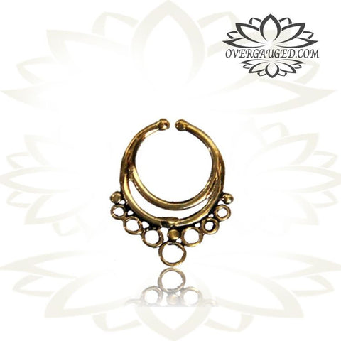 Single Brass Fake Septum Nose Ring, Antiqued Tribal With Pink Agate Stone, Non-Nose Piercing, Ring Diameter 9mm.