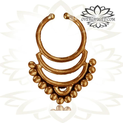 Single Brass Fake Septum Nose Ring, Antiqued Tribal With Pink Agate Stone, Non-Nose Piercing, Ring Diameter 9mm.