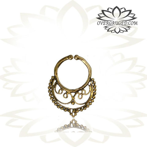 Single Brass Fake Septum Nose Ring, Antiqued Tribal With Pink Agate Stone, Non-Nose Piercing, Ring Diameter 9mm.