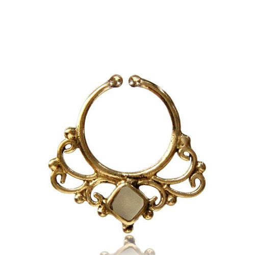 Single Ornate Brass Septum Ring, Cheater Septum Fake Brass Septum Ring, Antiqued Tribal Septum Ring, Inlay Mother of Pearl Shell MOP, Non Piercing Septum Ring.