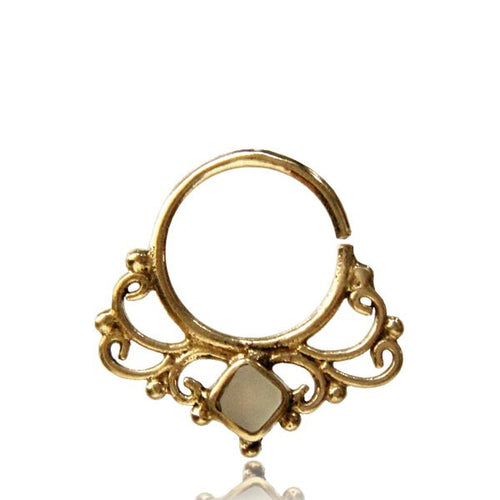 Single Brass Septum Ring in 16g (1.2mm), Tribal Septum with Inlay Mother of Pearl MOP Shell, Brass Nose Piercing, Brass Body Jewelry, 9mm Ring.
