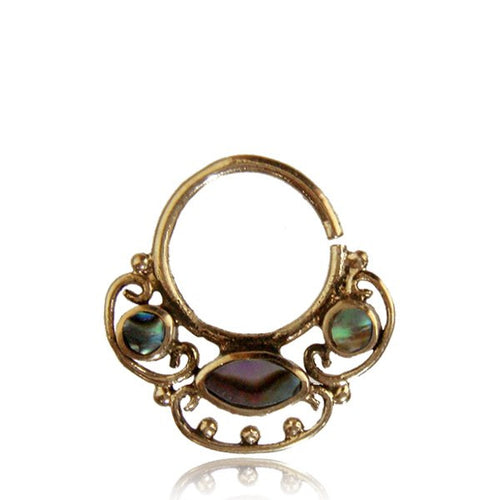 Single Ornate 16g Tribal Septum Ring,  Antiqued Brass Septum Ring with Inlayed Abalone Shell, Brass Septum Ring, Ring diameter 9mm.