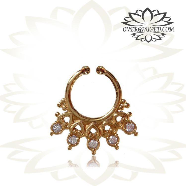 Single Ornate Brass Septum Fake, Non Piercing Septum Ring, Antiqued Tribal Brass and Cz's Septum Ring, Diameter 9mm.
