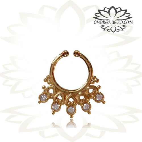 Single Ornate Brass Septum Fake, Non Piercing Septum Ring, Antiqued Tribal Brass and Cz's Septum Ring, Diameter 9mm.