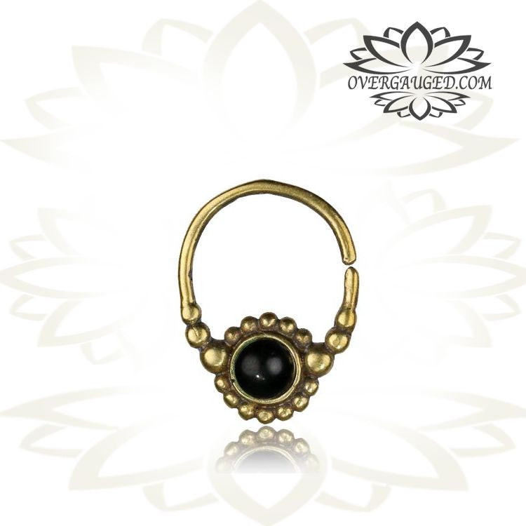 Pair of Ornate Thai Hill Tribe Tribal Brass Earring With Onyx Stone Double Sided.