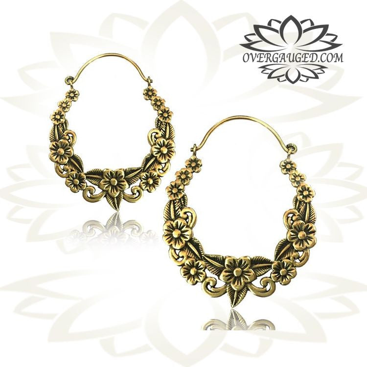 Pair of Ornate Brass Earrings, Antiqued Brass Flower Hoop Earrings, Double Sided Earrings, Brass Body Jewelry.