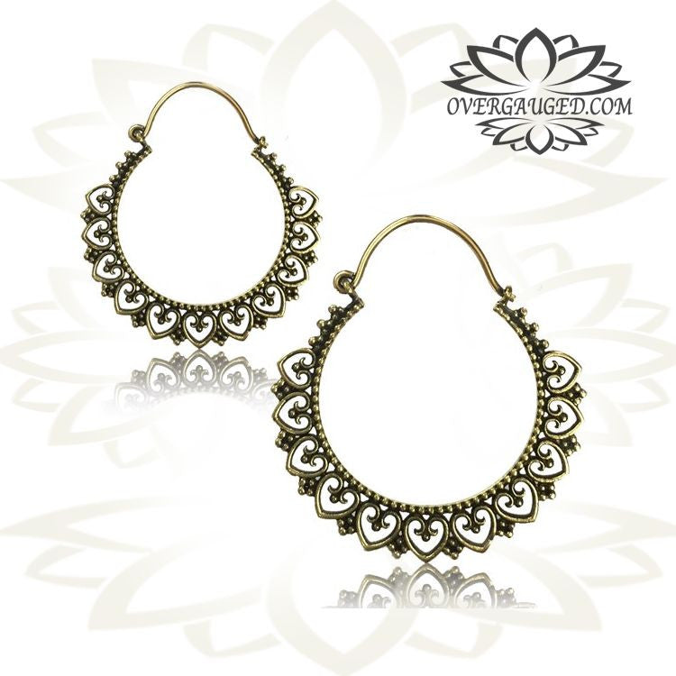 Pair of Brass Earrings Ornate Antiqued Love Heart Hoops, double sided.