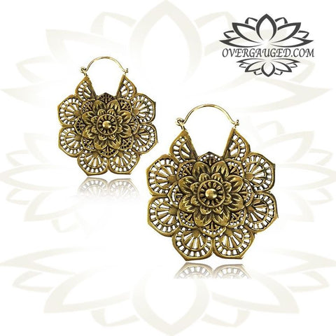 Pair of Brass Earrings Ornate Antiqued Tribal Hoops Long Brass Spirals Talons.