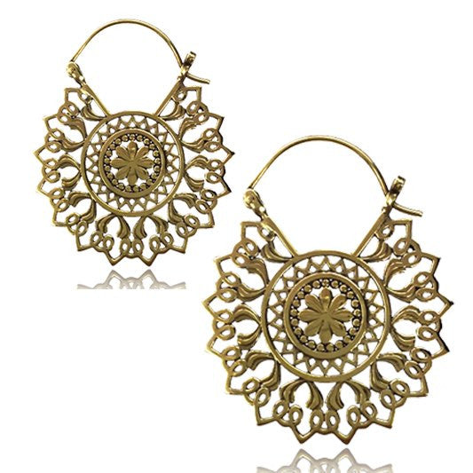 Pair of Brass Earrings Long Mandala Tribal Brass Hoop Earrings Brass Piercing.