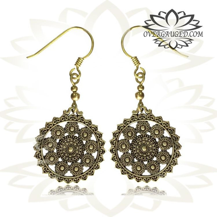 Pair of Ornate Antiqued Brass Mandala Fishhook Earrings, Tribal Brass Earrings.