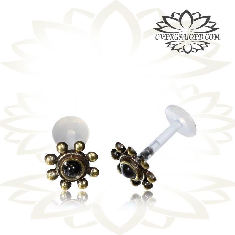 Single Brass Tragus Ring, 16g Brass Labret, Tribal Brass Labret with Onyx Stone, Tribal Brass Earrings, Brass Body Jewelry.