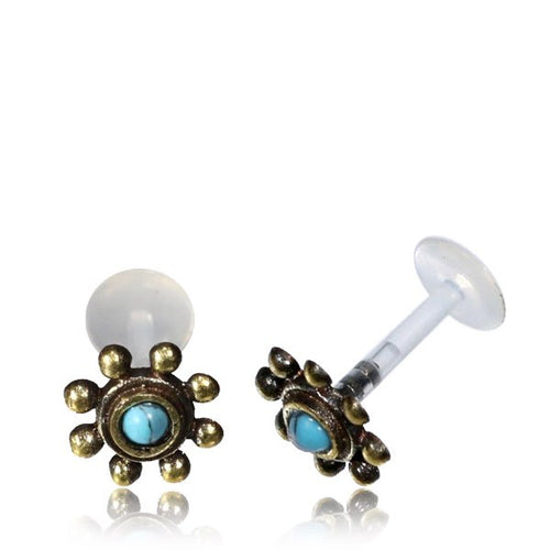 Single Brass Tragus in 16g, Tribal Brass Labret Stud with Turquoise Stone, Tribal Ear Stud, Brass Earring, Tribal Body Jewelry.