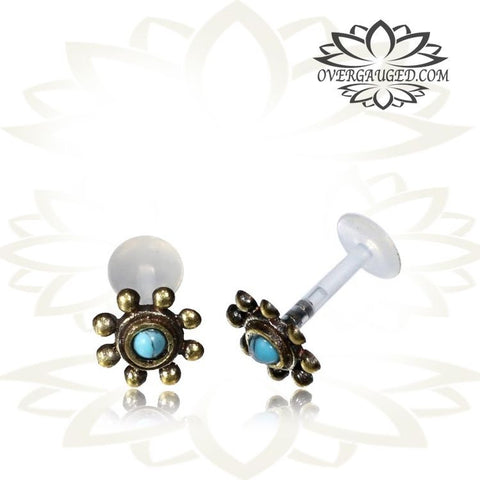 Single 16g (1.2mm) Brass Anchor Labret Tragus, Antiqued Tribal Labret Earring, Madonna Piercing, Lip Ring.