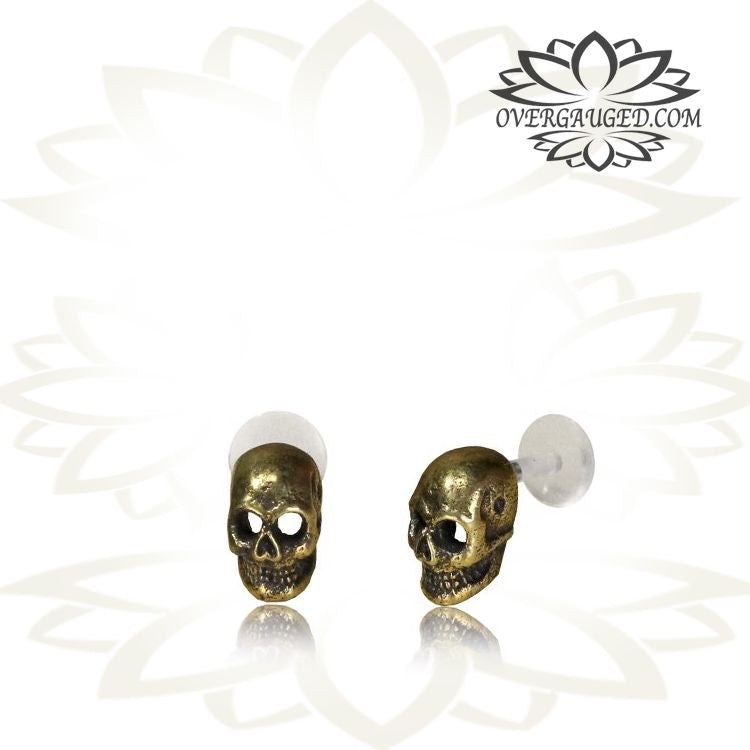 Single 16g Brass Skull Labret, 16g Tragus Earring, Antiqued Tribal Brass Helix, Ear Stud, Nose Stud, Madonna Lip Piercing, Safe Bio PlastiK Stud.