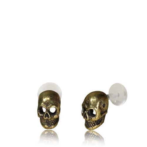 Single 16g Brass Skull Labret, 16g Tragus Earring, Antiqued Tribal Brass Helix, Ear Stud, Nose Stud, Madonna Lip Piercing, Safe Bio PlastiK Stud.