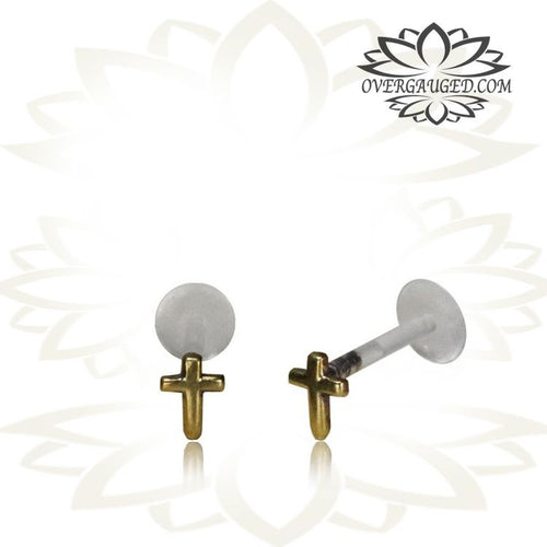 Single 16g Tribal Brass Labret, Brass Cross Labret Bio PlastiK Post, Brass Tragus Earring, Tribal Body Jewelry.